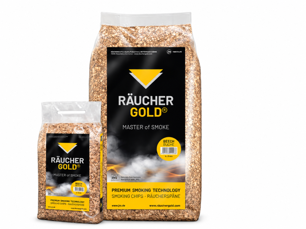 JRS RÄUCHERGOLD — dva pakovanja piljevine za dimljenje na beloj pozadini